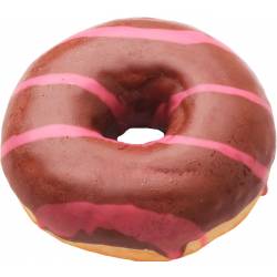 Пончик в глазурі з молочного шоколаду з рожевими смужками та малиновою начинкою 1шт