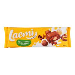 Шоколад Lacmi молочний з цілими лісовими горіхами та шоколадно-карамельною начинкою 295г Рошен