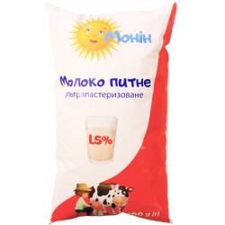 Молоко ультрапастеризоване 1.5% 0.9л п/е Монін