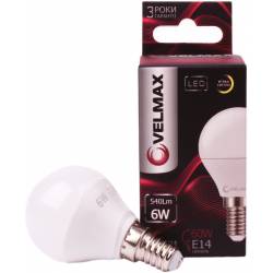 LED лампа Velmax V-G45, 6W, E14, 3000K, 540Lm, кут 220° 00-20-25