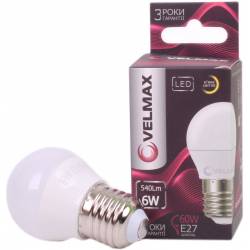 LED лампа Velmax V-G45, 6W, E27, 3000K, 540Lm, кут 220° 00-20-31(21-12-51)